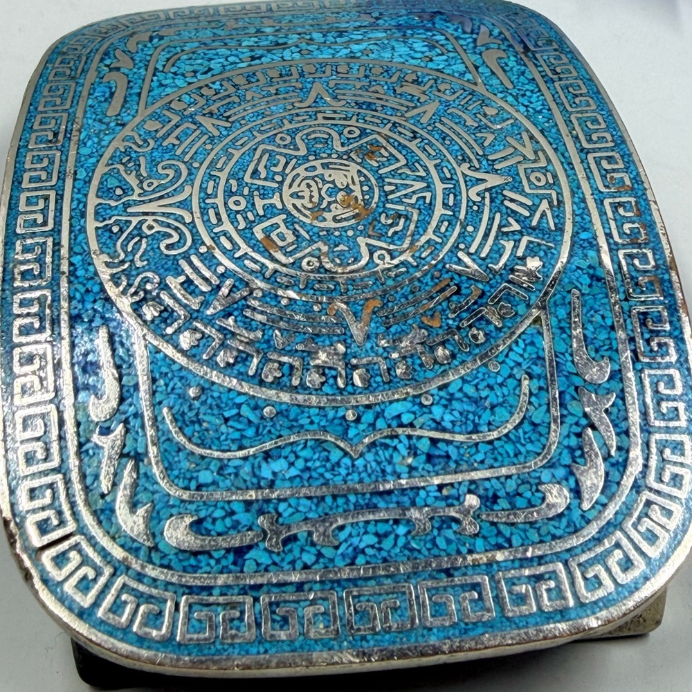 Taxco Signed Turquoise Stone Chip Vintage Belt Buckle - Picture 5 of 10